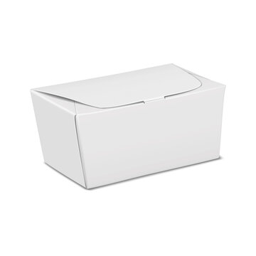 White blank flat pack box with locking lid. Realistic 3d vector mock-up. Cardboard gift box. Mockup. Food packaging. Template for design
