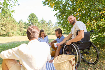 Outdoor gathering featuring a person using a wheelchair, enjoying a sunny day with friends in a park