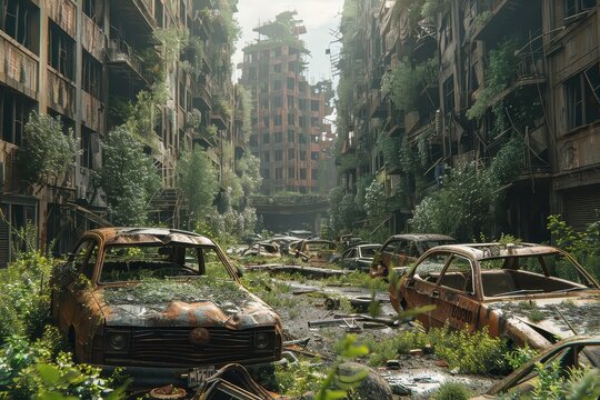 A post-apocalyptic city reclaimed by nature, a haunting reminder of the past.