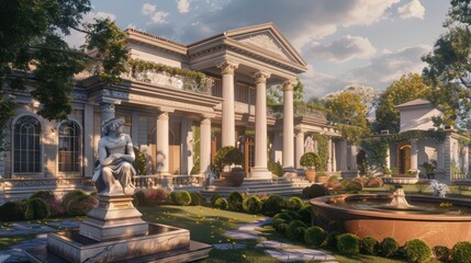 Obraz premium luxurious suburban farmhouse with a classical design, featuring Corinthian columns and a marble statue in the front yard