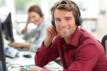 A young male customer service representative is sitting at his desk and smiling while talking on the phone. He is wearing a red shirt and headphones. There is a woman in the background also working