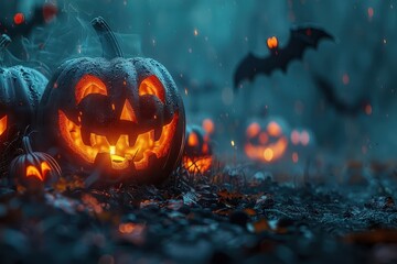 A spooky Halloween scene with jack-o'-lanterns and bats.