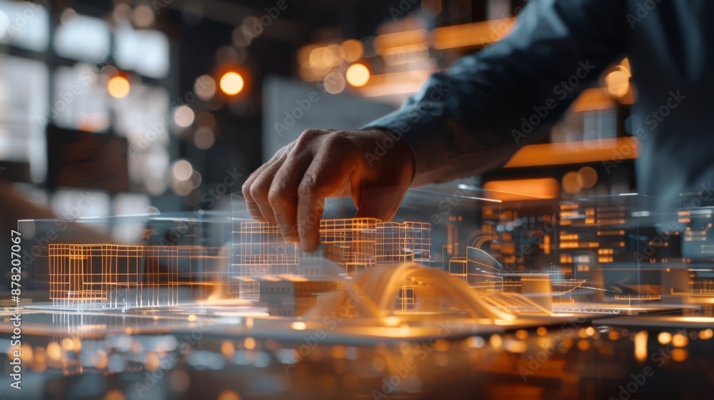 Poster Engineer working on a futuristic city model with holographic display. Advanced technology and urban planning concept