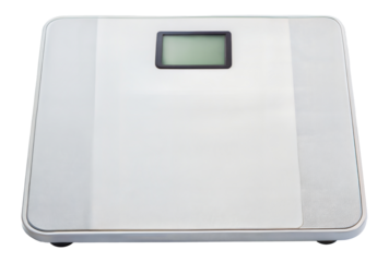 White digital bathroom scale with display screen, cut out - stock png.
