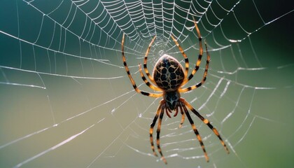 Extreme close-up macro photograph highlighting the textural details of a spider's fuzzy, mottled grey and brown body as it weaves an ornate, delicate web using delicate, glistening silk strands in nat