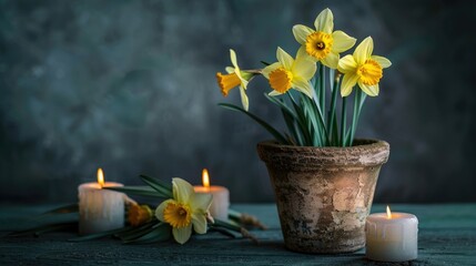 Daffodils in a pot with candles on dark background for greeting card
