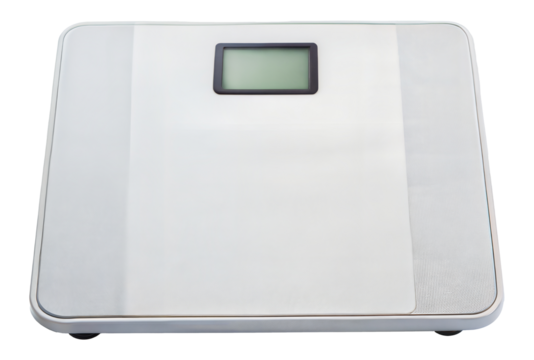 White digital bathroom scale with display screen, cut out - stock png.