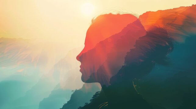A silhouette of a woman's face superimposed over a mountain range at sunrise, evoking a sense of strength, resilience, and connection to nature.