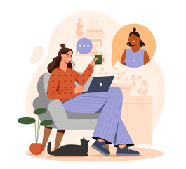 Woman with video call. Young girl with mug of hot drink and laptop communicates with friend. Communication in social networks and messengers. Cartoon vector illustration isolated on white background