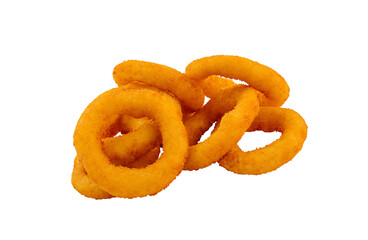 Crispy golden onion rings on white background