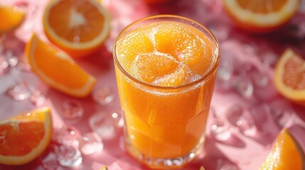 A refreshing glass of freshly squeezed orange juice with ice cubes surrounded by sliced oranges and ice on a vibrant pink surface