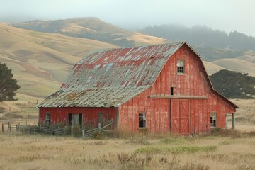 Obraz premium A rustic, weathered red barn with a tin roof sits alone in the middle of a vast, serene countryside, surrounded by undulating hills and covered with a thin layer of fog