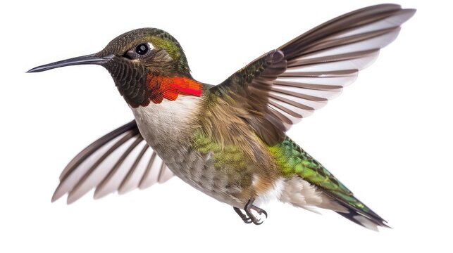 Isolated juvenile male ruby throated hummingbird on white background