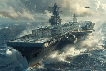 Aircraft carrier at sea with fighter jets taking off and landing.