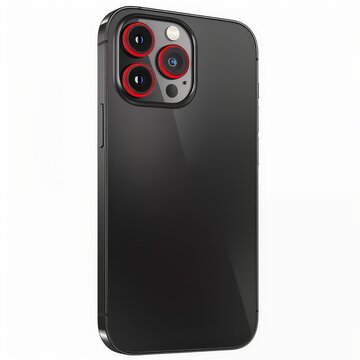 The smartphone is placed on a solid color background and is at a slight angle, showing the camera system and the red rings around each camera lens. The smartphone is a sleek black color