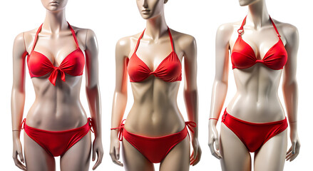 Beautiful lace red with fleece lingerie set, bra and panties. Fashionable lingerie on female mannequins isolated on transparent background with outline outline