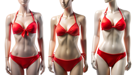 Beautiful lace red with fleece lingerie set, bra and panties. Fashionable lingerie on female mannequins isolated on transparent background with outline outline
