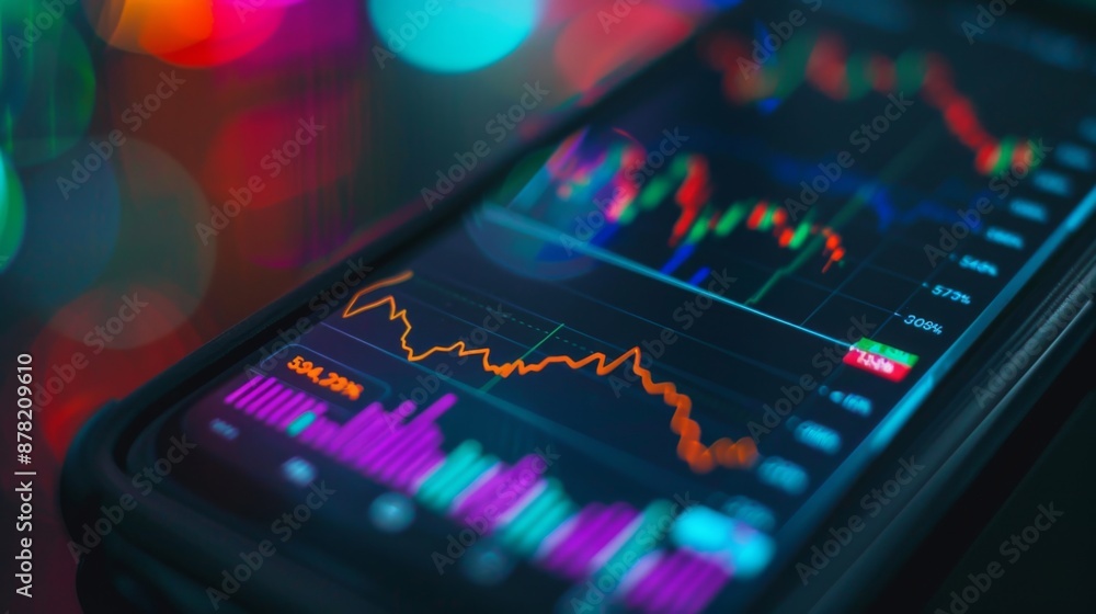 Aufkleber close-up of a smartphone screen displaying a stock trading app with live market graphs.