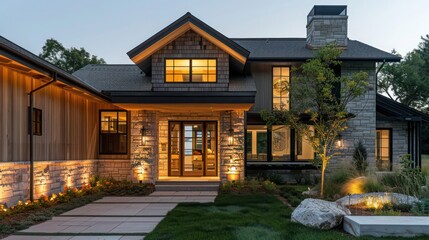 modern suburban farmhouse with a blend of stone and wood, featuring a large, inviting front door and soft landscape lighting