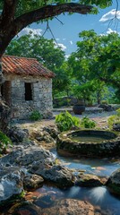 A tranquil rustic stone hut surrounded by lush greenery and a serene stream flowing through a natural landscape, basking in bright sunlight