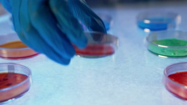 A hand in protective glove takes a Petri dish with colorful nutrient agar from a white illuminated table with a lot of colorful Petri dishes
