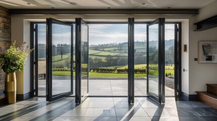 modern suburban farmhouse designed with large glass doors that open to a scenic view of a rolling meadow
