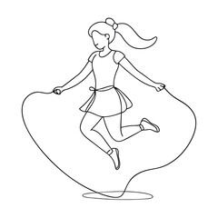 a girl jumping rope, line art vector illustration isolated on a white background 