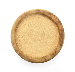 Maca powder in wooden bowl isolated on white background