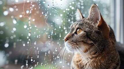 A cat sitting by a window with raindrops and lightning outside, ample copy space