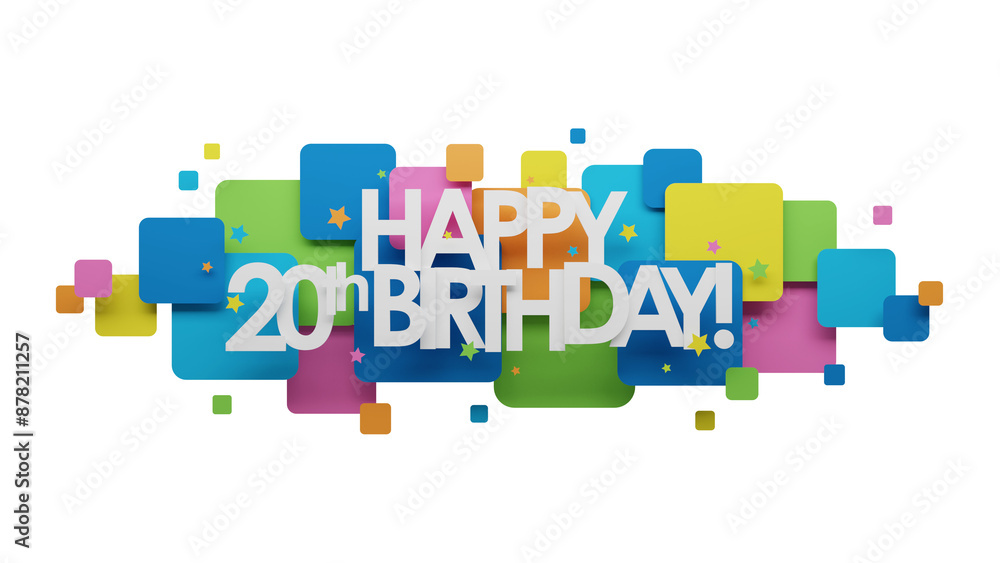 Wall mural 3d render of colorful happy 20th birthday! banner on transparent background