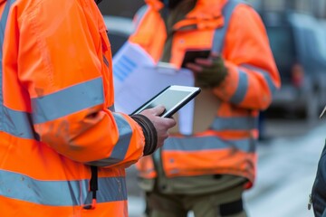 Close up of construction workers wearing high visibility.