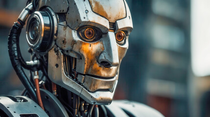 Fototapeta premium A close-up portrait of an old robot with a metallic head, piercing eyes, and complex wiring, set against a blurred city backdrop