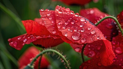 Close up of raindrops on red poppy petals and green grass