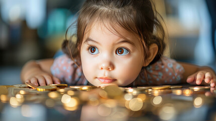 This image shows a curious little girl lying on the floor, intently looking at a pile of coins spread out before her.