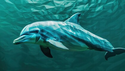 Fototapeta premium Cyan paper mosaic of a serene dolphin swimming, blending marine life with artistic elegance.
