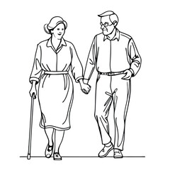 a senior couple walking hand in hand.  line art vector 