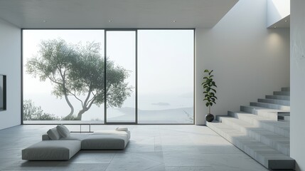 Obraz premium Large open living room with a tree outside the window. The room is very clean and has a modern design.