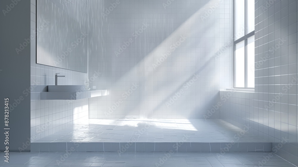 Poster bathroom with a sink and a window. the bathroom is empty and the light is shining through the window