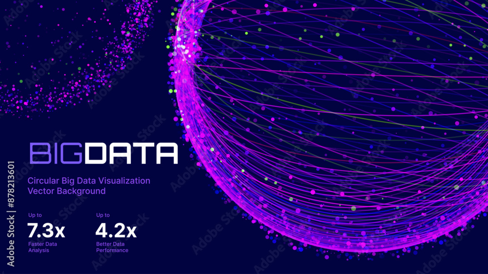 Poster Big Data Purple Futuristic 3D Sphere Globe Connection Networks. Neural Network Communication. Big Data Cyber Space. Hi Tech Business Data Flow Analytics Vector Illustration.
