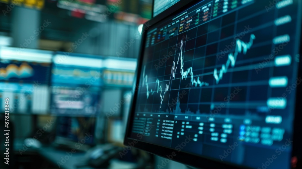 Aufkleber digital screen showing real-time stock market prices and fluctuating graphs at a trading desk.