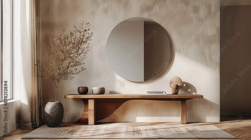 Aufkleber minimalist room with a sleek console table and a large round mirror.