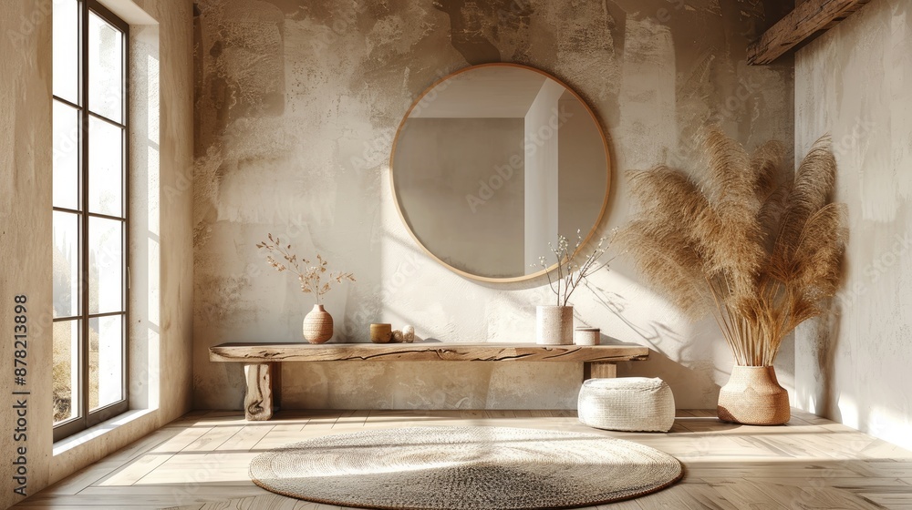 Aufkleber minimalist room with a sleek console table and a large round mirror.