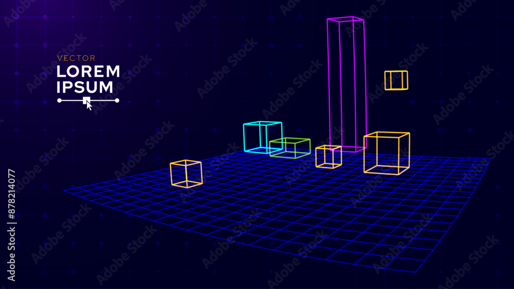 Aufkleber colorful 3d cubes wireframe abstract background. technology shapes retro 3d editor software concept.