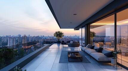 Minimalist urban balcony with sleek furniture and city views.