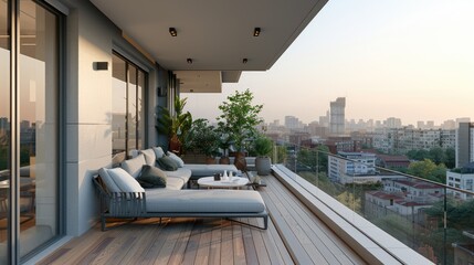Minimalist urban balcony with sleek furniture and city views.