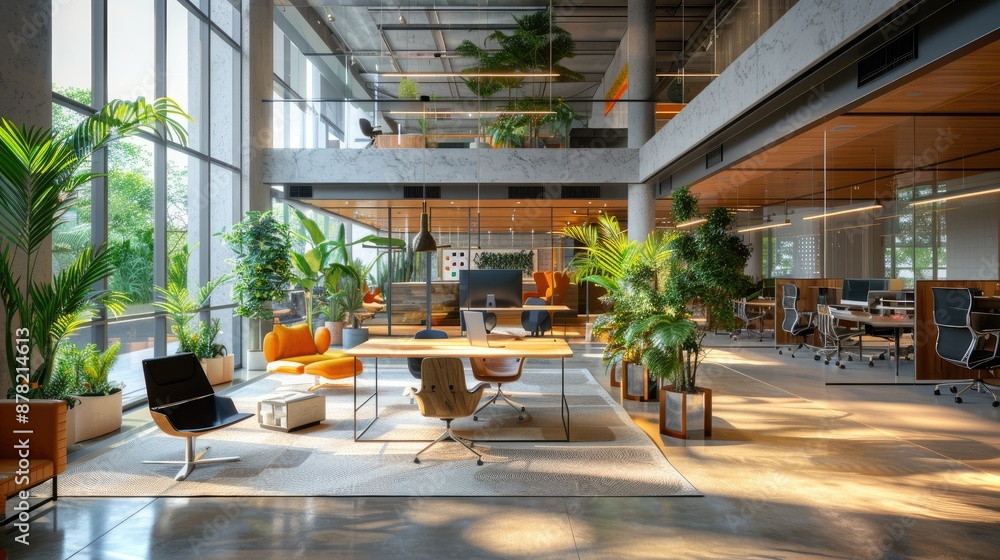 Poster modern co-working space with biophilic design elements for enhanced creativity.