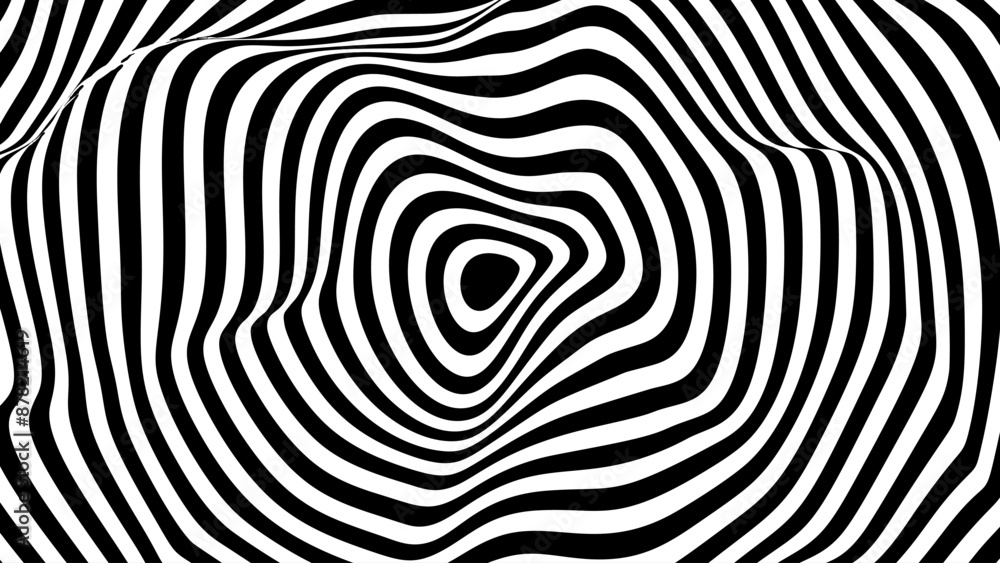 Poster Psychedelic Warped Lines Optical Illusion Texture. Abstract Geometric Background Vector Design. Black and White Modern Pattern Op Art Illustration.
