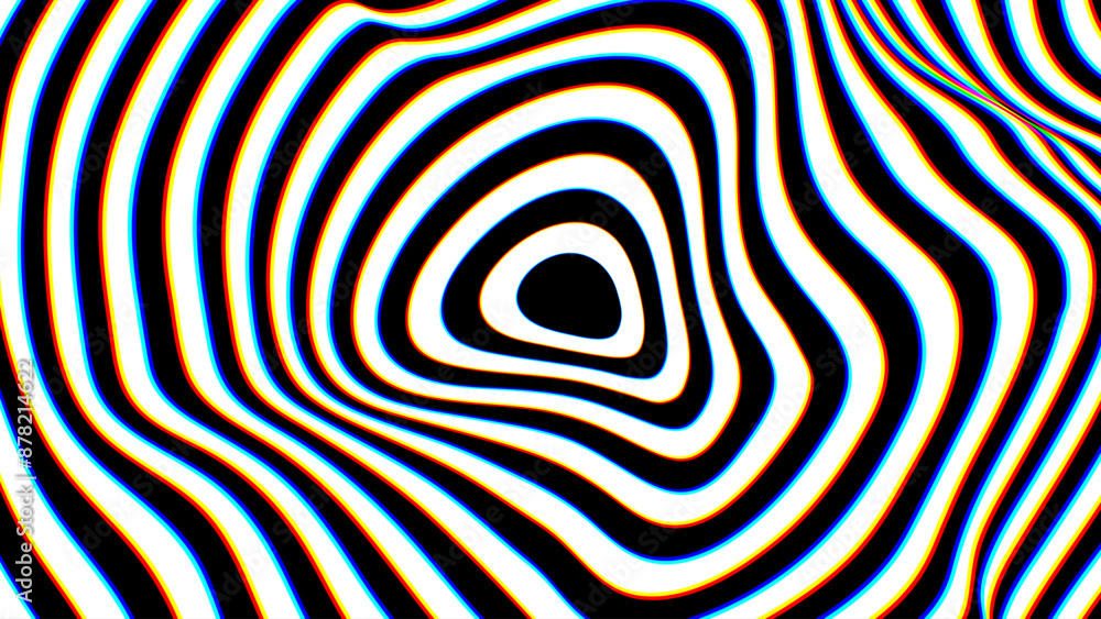 Poster Psychedelic Warped Lines Optical Illusion Texture. Abstract Geometric Background Vector Design. Black and White Modern Pattern Op Art Illustration.