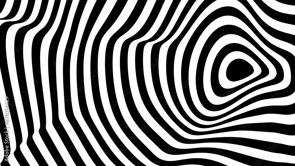 Poster Psychedelic Warped Lines Optical Illusion Texture. Abstract Geometric Background Vector Design. Black and White Modern Pattern Op Art Illustration.