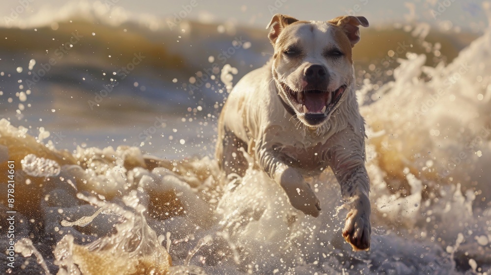 Poster dog running on a beach, splashing through the waves with a big smile on its face.